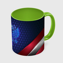Кружка 3D Синий неоновый герб России, цвет: 3D-белый + светло-зеленый