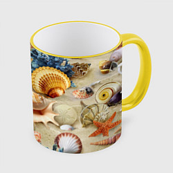 Кружка 3D Морские раковины, кораллы, морские звёзды на песке, цвет: 3D-желтый кант