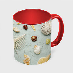 Кружка 3D Океанские ракушки и морские звёзды на песке, цвет: 3D-белый + красный