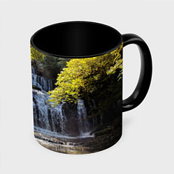 Кружка 3D Водопад, солнечные лучи и лес, цвет: 3D-белый + черный