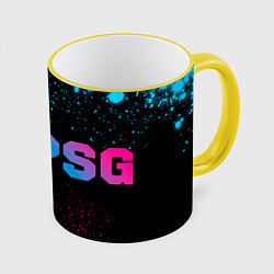 Кружка 3D PSG - neon gradient: надпись и символ, цвет: 3D-желтый кант
