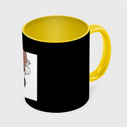 Кружка 3D Человек-бензопила Макима в белом прямоугольнике, цвет: 3D-белый + желтый