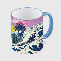 Кружка 3D Штормовые океанские волны и пальмы, цвет: 3D-небесно-голубой кант