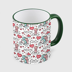 Кружка 3D Влюблённые кот и кошка на велосипеде, цвет: 3D-зеленый кант