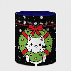 Кружка 3D Рождественский венок с котиком, цвет: 3D-белый + синий — фото 2