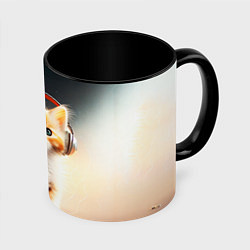 Кружка 3D Милый рыжий котёнок в наушниках, цвет: 3D-белый + черный