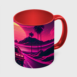 Кружка 3D Синтвейв закат и автомобиль, цвет: 3D-белый + красный