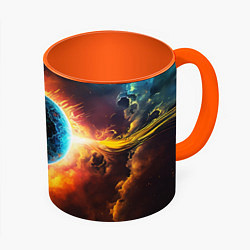 Кружка 3D Планета в огненном космосе, цвет: 3D-белый + оранжевый