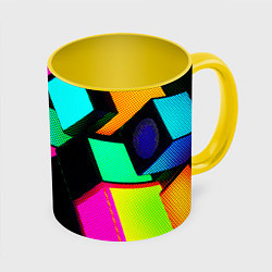 Кружка 3D Неоновые светящиеся кубики, цвет: 3D-белый + желтый