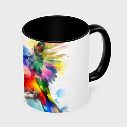 Кружка 3D Разноцветный акварельный попугай, цвет: 3D-белый + черный