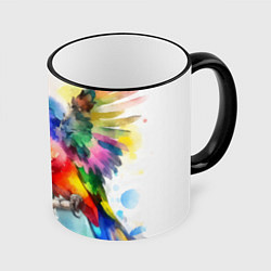Кружка 3D Разноцветный акварельный попугай, цвет: 3D-черный кант