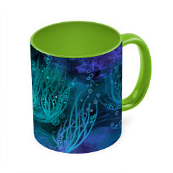 Кружка 3D Абстракция: неоновые огни подводного мира, цвет: 3D-белый + светло-зеленый