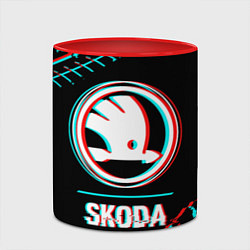 Кружка 3D Значок Skoda в стиле glitch на темном фоне, цвет: 3D-белый + красный — фото 2