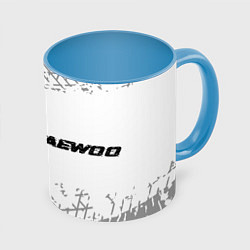 Кружка 3D Daewoo speed на светлом фоне со следами шин: надпи, цвет: 3D-белый + небесно-голубой
