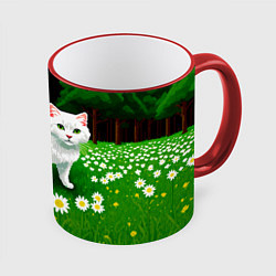 Кружка 3D Белый кот на лугу пиксель арт, цвет: 3D-красный кант