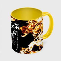 Кружка 3D Bring Me the Horizon рок кот и огонь, цвет: 3D-белый + желтый