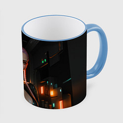 Кружка 3D Красивая девушка киберпанк, цвет: 3D-небесно-голубой кант