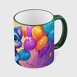 Кружка 3D Котик с воздушными шариками, цвет: 3D-зеленый кант