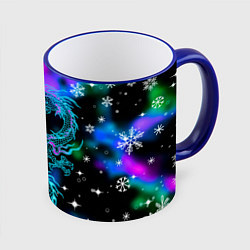 Кружка 3D Неоновый дракон в снежинках, цвет: 3D-синий кант