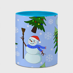 Кружка 3D Снеговики с новогодними елками паттерн, цвет: 3D-белый + небесно-голубой — фото 2