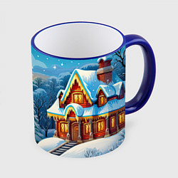 Кружка 3D Зимний домик и елка, цвет: 3D-синий кант