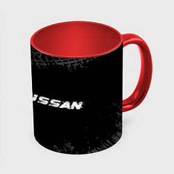 Кружка 3D Nissan speed на темном фоне со следами шин по-гори, цвет: 3D-белый + красный
