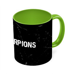 Кружка 3D Scorpions glitch на темном фоне по-горизонтали, цвет: 3D-белый + светло-зеленый