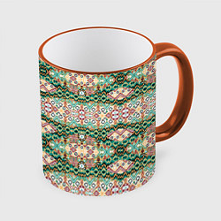 Кружка 3D Орнамент зеленый мелкий икат, цвет: 3D-оранжевый кант