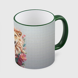 Кружка 3D Голова льва в цветах на холсте, цвет: 3D-зеленый кант