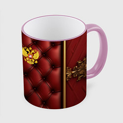 Кружка 3D Золотой герб России на красном кожаном фоне, цвет: 3D-розовый кант