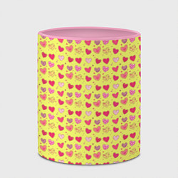 Кружка 3D Сердечки на желтом - паттерн, цвет: 3D-белый + розовый — фото 2