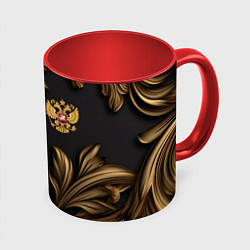 Кружка 3D Золотой герб России и узоры из листьев, цвет: 3D-белый + красный