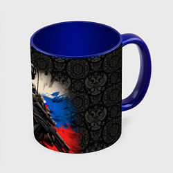 Кружка 3D Солдат русский на фоне флага, цвет: 3D-белый + синий