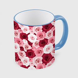 Кружка 3D Красные и розовые розы, цвет: 3D-небесно-голубой кант