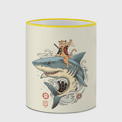 Кружка 3D Кот якудза верхом на акуле, цвет: 3D-желтый кант — фото 2