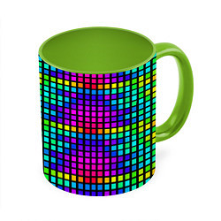 Кружка 3D Разноцветные квадраты на чёрном фоне, цвет: 3D-белый + светло-зеленый