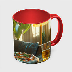 Кружка 3D Енот ест пиццу на диване, цвет: 3D-белый + красный