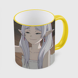 Кружка 3D Sousou no Frieren Фрирен ехидная улыбка, цвет: 3D-желтый кант