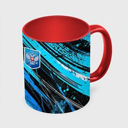 Кружка 3D Герб России на абстрактном синем фоне, цвет: 3D-белый + красный