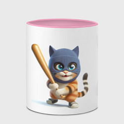 Кружка 3D Прикольный котёнок с бейсбольной битой и в балакла, цвет: 3D-белый + розовый — фото 2