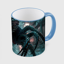 Кружка 3D Робот с клыками и множеством ног на улице под дожд, цвет: 3D-небесно-голубой кант