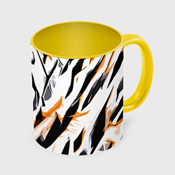 Кружка 3D Чёрно-жёлтые агрессивные полосы на белом фоне, цвет: 3D-белый + желтый