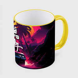 Кружка 3D Grand Theft Auto VI - автомобиль на закате, цвет: 3D-желтый кант