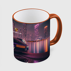 Кружка 3D Porshe neon city, цвет: 3D-оранжевый кант