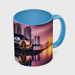 Кружка 3D Porshe night city, цвет: 3D-белый + небесно-голубой