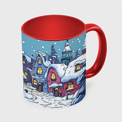 Кружка 3D Зимние домики иллюстрация, цвет: 3D-белый + красный