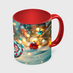 Кружка 3D Новогодняя змейка и новогодние игрушки, цвет: 3D-белый + красный
