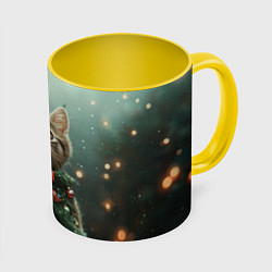 Кружка 3D Котик - новогодняя елочка, цвет: 3D-белый + желтый
