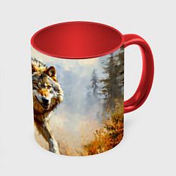 Кружка 3D Волк в осеннем лесу, цвет: 3D-белый + красный