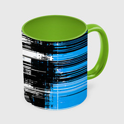 Кружка 3D Горизонтальные чёрные линии на бело-синем фоне, цвет: 3D-белый + светло-зеленый